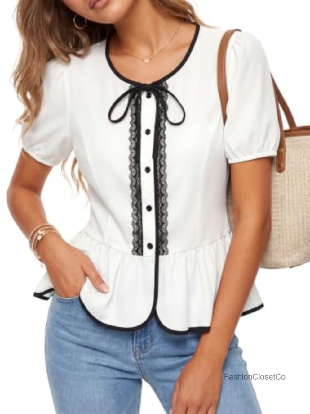 Women's Puff Sleeve Lace Trim Peplum Blouse Button Up